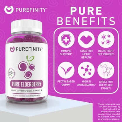 PUREFINITY Holunderbeeren Gummibärchen mit Sambucus, Vitamin C und Zink – Ihr perfektes tägliches 3-in-1 Nahrungsergänzungsmittel für Kinder & Erwachsene – Glutenfrei, Nicht-GVO, Vegan, 60 Stück