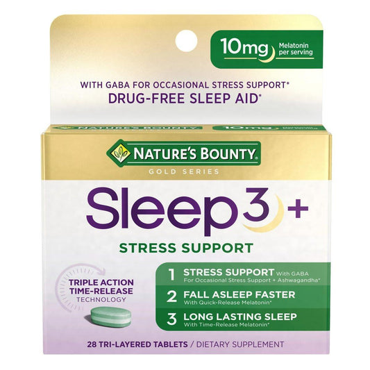 Nature's Bounty Schlaf + Stress Unterstützung, Sleep3 Maximale Stärke 100% Arzneimittelfreies Schlafmittel, Nahrungsergänzungsmittel mit Ashwagandha, Zeitfreisetzungstechnologie, 10 mg, 28 Dreischichttabletten