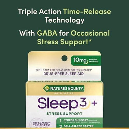 Nature's Bounty Schlaf + Stress Unterstützung, Sleep3 Maximale Stärke 100% Arzneimittelfreies Schlafmittel, Nahrungsergänzungsmittel mit Ashwagandha, Zeitfreisetzungstechnologie, 10 mg, 28 Dreischichttabletten