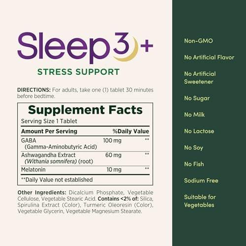 Nature's Bounty Schlaf + Stress Unterstützung, Sleep3 Maximale Stärke 100% Arzneimittelfreies Schlafmittel, Nahrungsergänzungsmittel mit Ashwagandha, Zeitfreisetzungstechnologie, 10 mg, 28 Dreischichttabletten