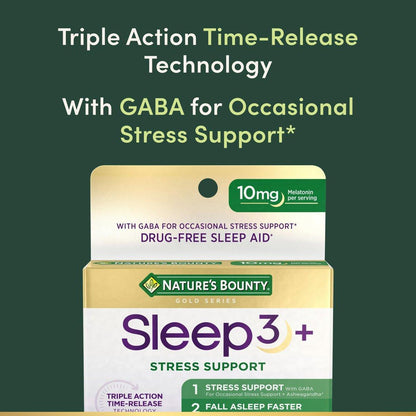 Nature's Bounty Schlaf + Stress Unterstützung, Sleep3 Maximale Stärke 100% Arzneimittelfreies Schlafmittel, Nahrungsergänzungsmittel mit Ashwagandha, Zeitfreisetzungstechnologie, 10 mg, 28 Dreischichttabletten