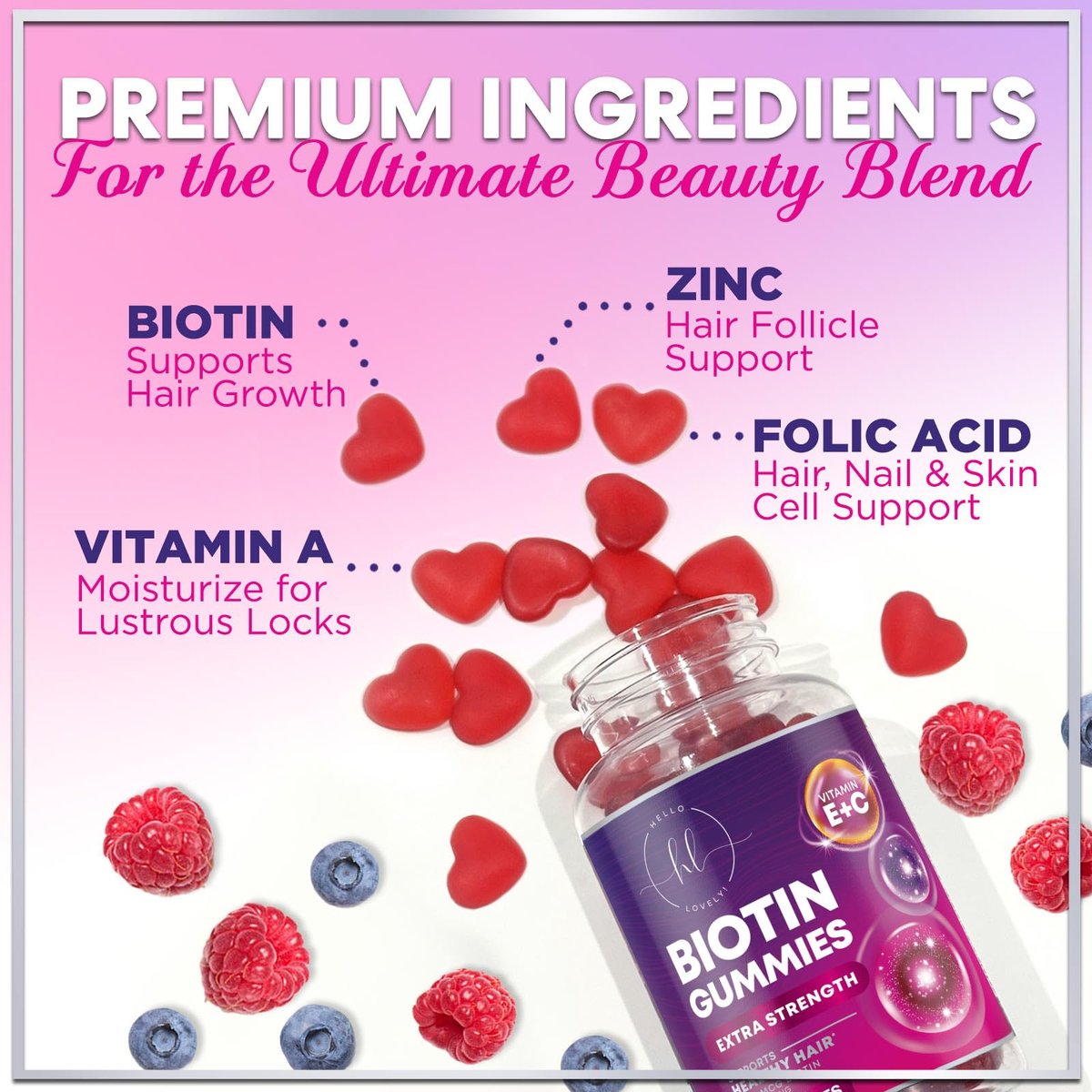 Haarvitamine Gummibärchen mit Biotin 5000 mcg pro Portion – Haarwachstum Unterstützung mit Vitamin E & C für dickeres, stärkeres & schöneres Haar – Haar, Haut und Nägel Vitamin, glutenfrei – 60 Gummibärchen