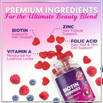 Haarvitamine Gummibärchen mit Biotin 5000 mcg pro Portion – Haarwachstum Unterstützung mit Vitamin E & C für dickeres, stärkeres & schöneres Haar – Haar, Haut und Nägel Vitamin, glutenfrei – 60 Gummibärchen