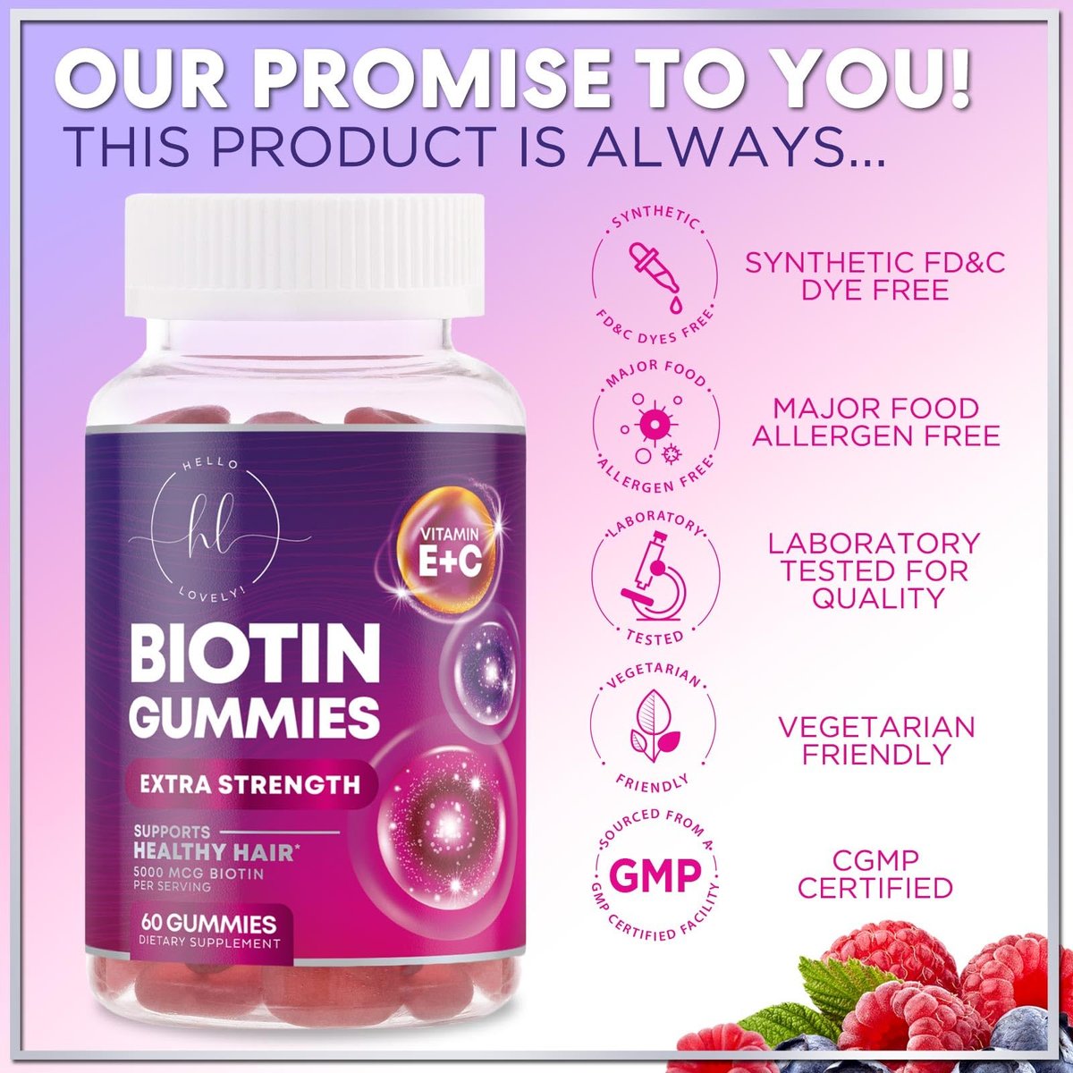 Haarvitamine Gummibärchen mit Biotin 5000 mcg pro Portion – Haarwachstum Unterstützung mit Vitamin E & C für dickeres, stärkeres & schöneres Haar – Haar, Haut und Nägel Vitamin, glutenfrei – 60 Gummibärchen