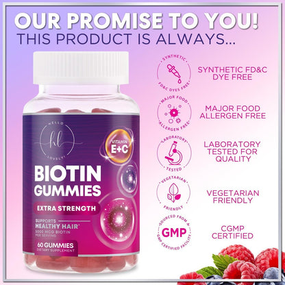 Haarvitamine Gummibärchen mit Biotin 5000 mcg pro Portion – Haarwachstum Unterstützung mit Vitamin E & C für dickeres, stärkeres & schöneres Haar – Haar, Haut und Nägel Vitamin, glutenfrei – 60 Gummibärchen