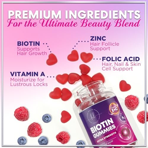 Haarvitamine Gummibärchen mit Biotin 5000 mcg pro Portion – Haarwachstum Unterstützung mit Vitamin E & C für dickeres, stärkeres & schöneres Haar – Haar, Haut und Nägel Vitamin, glutenfrei – 60 Gummibärchen