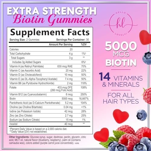 Haarvitamine Gummibärchen mit Biotin 5000 mcg pro Portion – Haarwachstum Unterstützung mit Vitamin E & C für dickeres, stärkeres & schöneres Haar – Haar, Haut und Nägel Vitamin, glutenfrei – 60 Gummibärchen