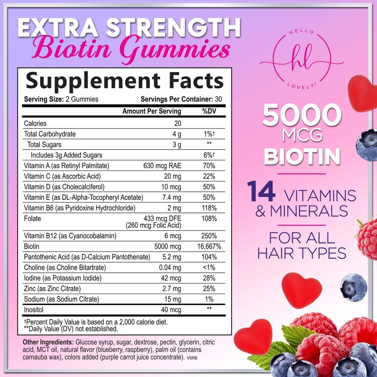 Haarvitamine Gummibärchen mit Biotin 5000 mcg pro Portion – Haarwachstum Unterstützung mit Vitamin E & C für dickeres, stärkeres & schöneres Haar – Haar, Haut und Nägel Vitamin, glutenfrei – 60 Gummibärchen