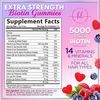 Haarvitamine Gummibärchen mit Biotin 5000 mcg pro Portion – Haarwachstum Unterstützung mit Vitamin E & C für dickeres, stärkeres & schöneres Haar – Haar, Haut und Nägel Vitamin, glutenfrei – 60 Gummibärchen