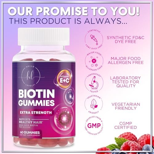 Haarvitamine Gummibärchen mit Biotin 5000 mcg pro Portion – Haarwachstum Unterstützung mit Vitamin E & C für dickeres, stärkeres & schöneres Haar – Haar, Haut und Nägel Vitamin, glutenfrei – 60 Gummibärchen