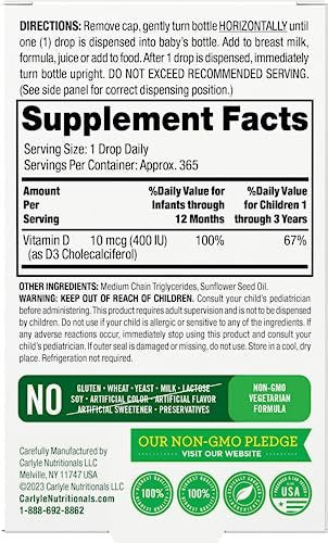 Carlyle Baby Vitamin D3 Tropfen | 400 IE | 0,31 oz (9,2 ml) 1-Jahresvorrat (365 Portionen) | Vegetarisch, Ohne Gentechnik und Glutenfrei von Lil' Sprouts