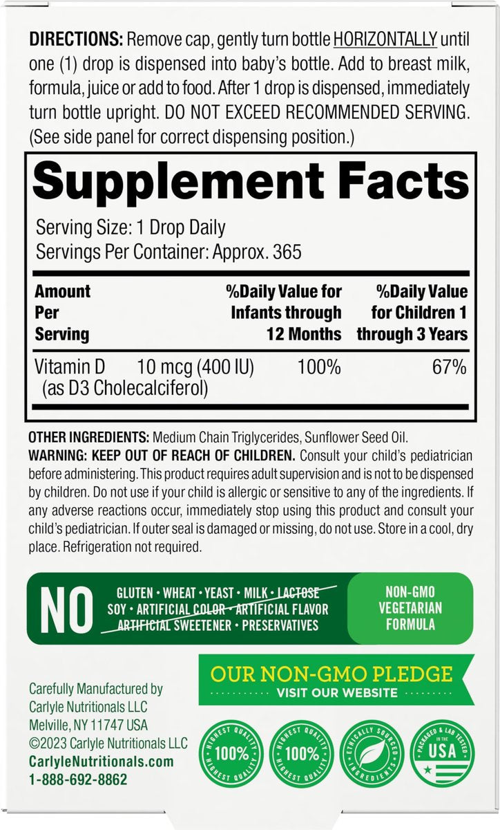 Carlyle Baby Vitamin D3 Tropfen | 400 IE | 0,31 oz (9,2 ml) 1-Jahresvorrat (365 Portionen) | Vegetarisch, Ohne Gentechnik und Glutenfrei von Lil' Sprouts