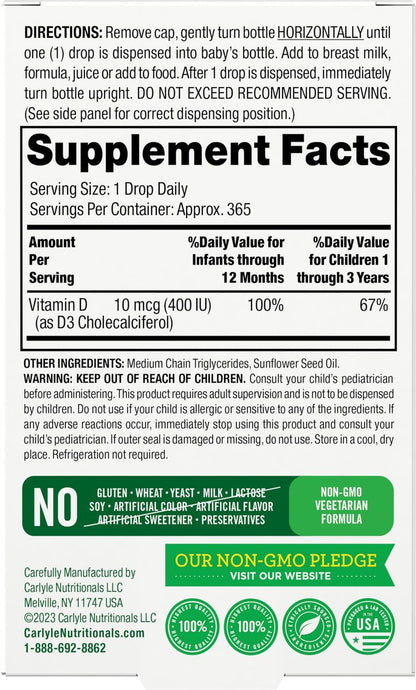 Carlyle Baby Vitamin D3 Tropfen | 400 IE | 0,31 oz (9,2 ml) 1-Jahresvorrat (365 Portionen) | Vegetarisch, Ohne Gentechnik und Glutenfrei von Lil' Sprouts