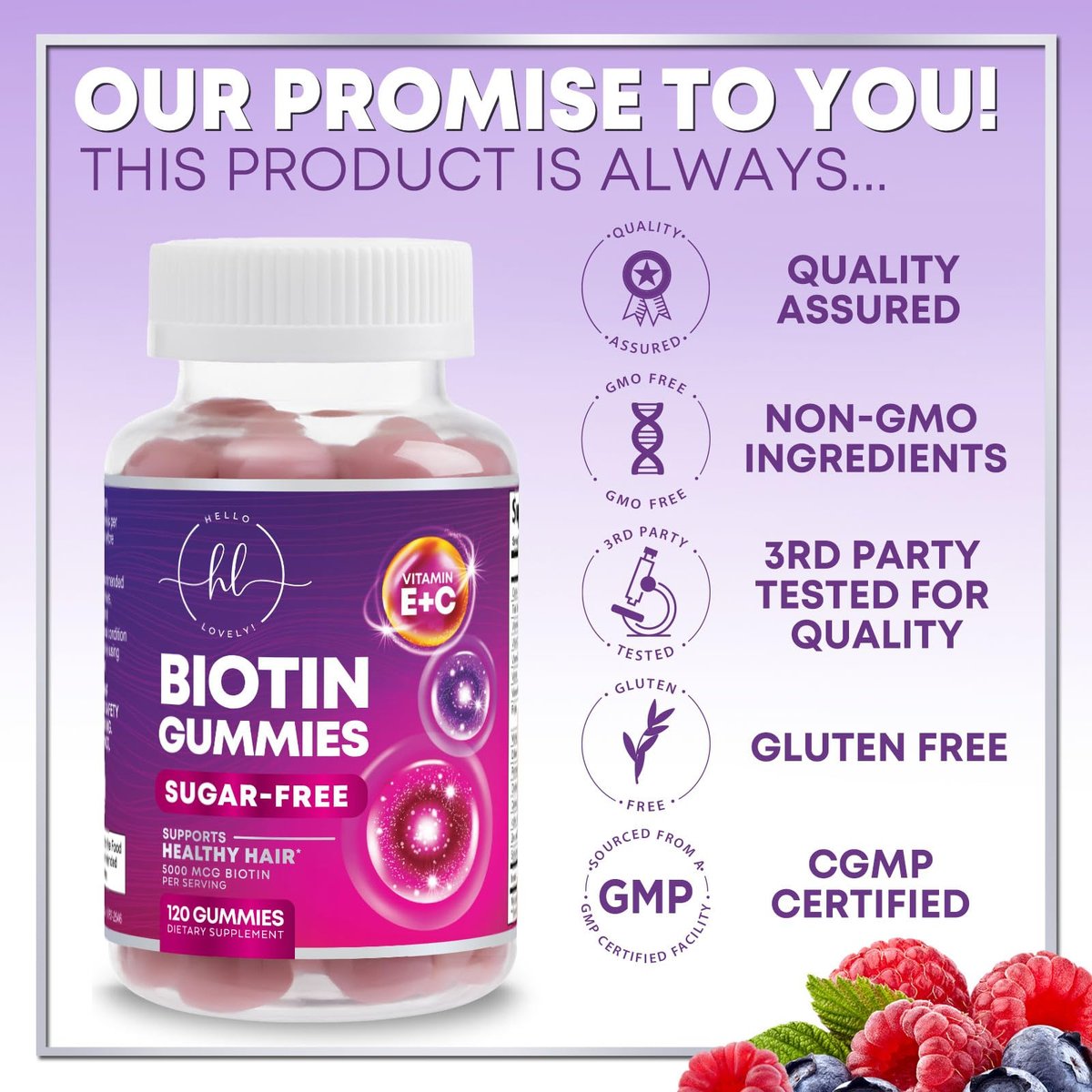 Hello Lovely! Haar Vitamine Gummis mit Biotin 5000 mcg pro Portion - Unterstützt das Haarwachstum mit Vitaminen E & C für dickeres, stärkeres & schöneres Haar - Vitamin für Haut, Haare und Nägel, glutenfrei - 120 Gummis