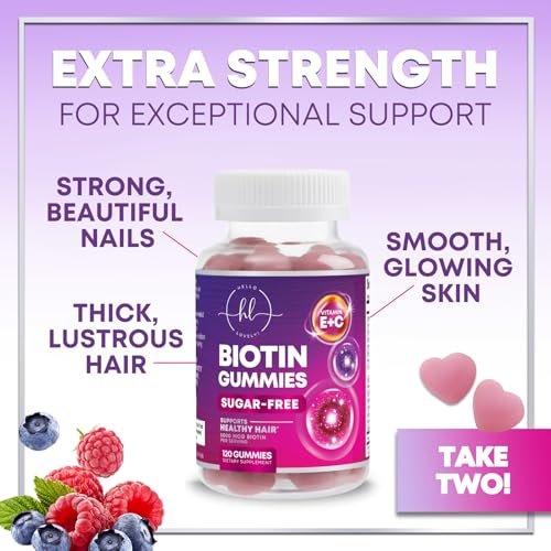 Hello Lovely! Haar Vitamine Gummis mit Biotin 5000 mcg pro Portion - Unterstützt das Haarwachstum mit Vitaminen E & C für dickeres, stärkeres & schöneres Haar - Vitamin für Haut, Haare und Nägel, glutenfrei - 120 Gummis