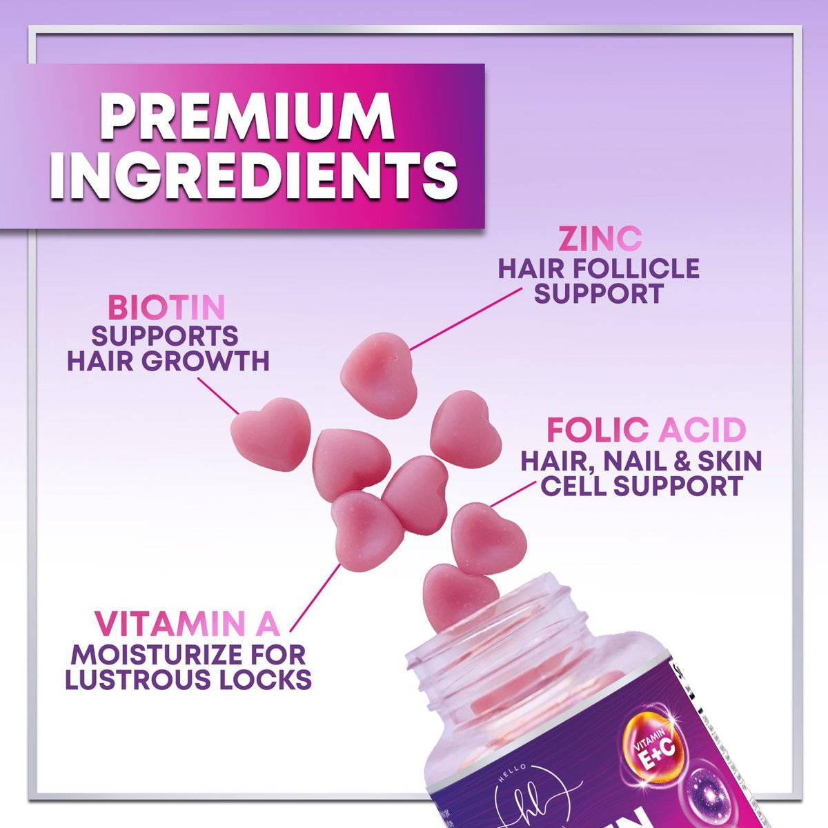 Hello Lovely! Haar Vitamine Gummis mit Biotin 5000 mcg pro Portion - Unterstützt das Haarwachstum mit Vitaminen E & C für dickeres, stärkeres & schöneres Haar - Vitamin für Haut, Haare und Nägel, glutenfrei - 120 Gummis