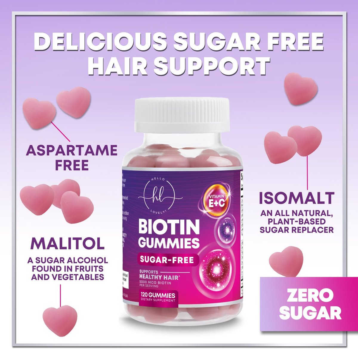 Hello Lovely! Haar Vitamine Gummis mit Biotin 5000 mcg pro Portion - Unterstützt das Haarwachstum mit Vitaminen E & C für dickeres, stärkeres & schöneres Haar - Vitamin für Haut, Haare und Nägel, glutenfrei - 120 Gummis