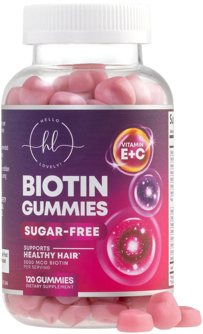 Hello Lovely! Haar Vitamine Gummis mit Biotin 5000 mcg pro Portion - Unterstützt das Haarwachstum mit Vitaminen E & C für dickeres, stärkeres & schöneres Haar - Vitamin für Haut, Haare und Nägel, glutenfrei - 120 Gummis