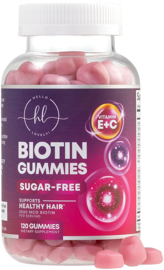 Hello Lovely! Haar Vitamine Gummis mit Biotin 5000 mcg pro Portion - Unterstützt das Haarwachstum mit Vitaminen E & C für dickeres, stärkeres & schöneres Haar - Vitamin für Haut, Haare und Nägel, glutenfrei - 120 Gummis
