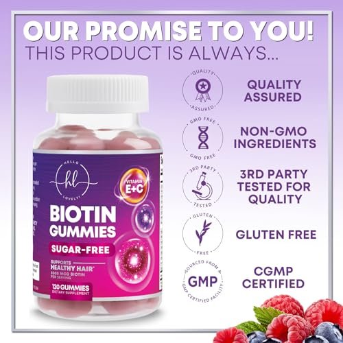 Hello Lovely! Haar Vitamine Gummis mit Biotin 5000 mcg pro Portion - Unterstützt das Haarwachstum mit Vitaminen E & C für dickeres, stärkeres & schöneres Haar - Vitamin für Haut, Haare und Nägel, glutenfrei - 120 Gummis