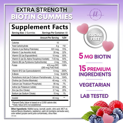 Hello Lovely! Haar Vitamine Gummis mit Biotin 5000 mcg pro Portion - Unterstützt das Haarwachstum mit Vitaminen E & C für dickeres, stärkeres & schöneres Haar - Vitamin für Haut, Haare und Nägel, glutenfrei - 120 Gummis