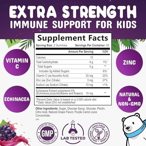 Nature's Nutrition Kinder Immunstärkung Gummibärchen - Vitamin C, Zink & Echinacea für tägliche Immununterstützung, ab 4 Jahren, glutenfrei, vegan - 120 Stück