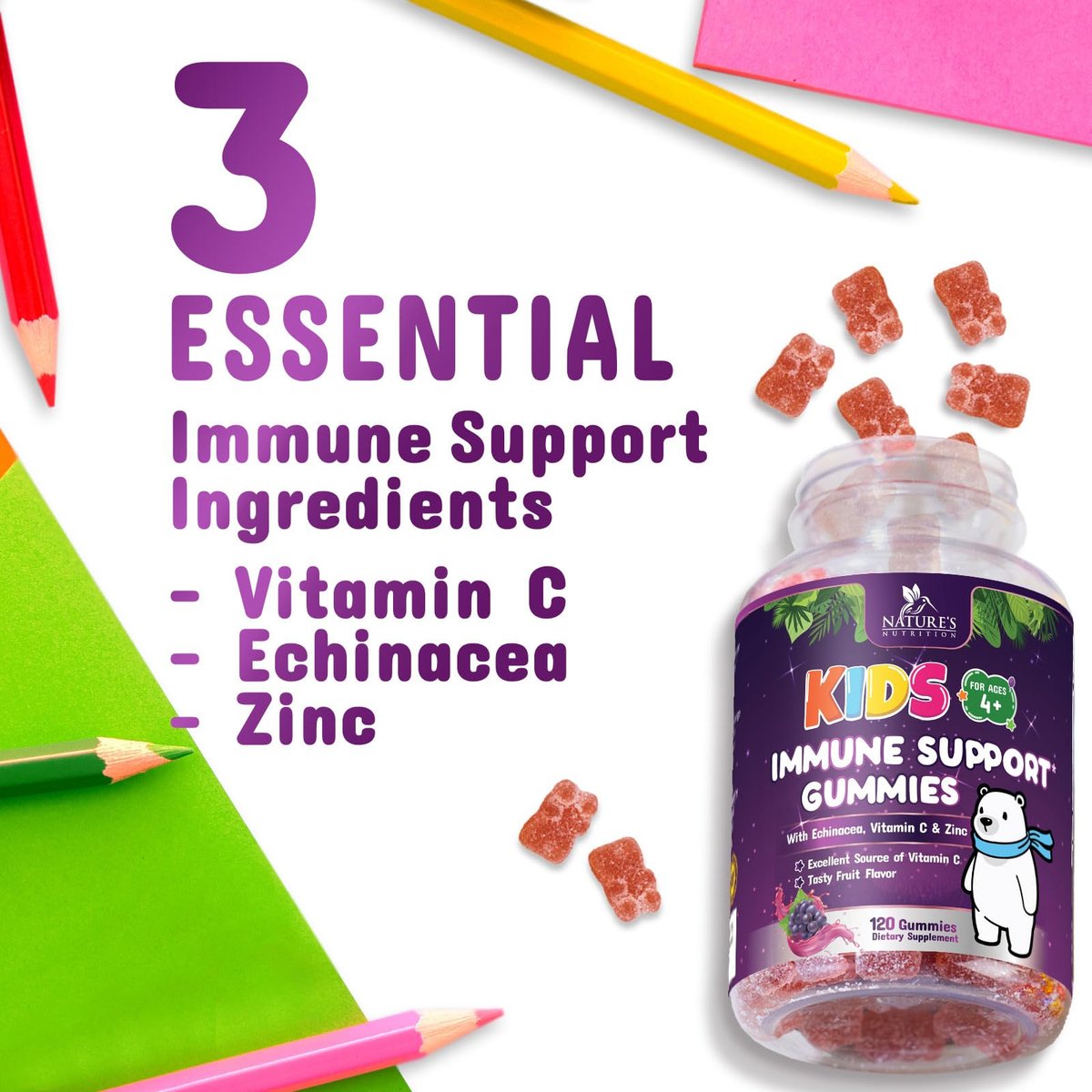 Nature's Nutrition Kinder Immunstärkung Gummibärchen - Vitamin C, Zink & Echinacea für tägliche Immununterstützung, ab 4 Jahren, glutenfrei, vegan - 120 Stück