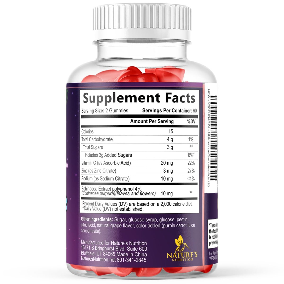 Nature's Nutrition Kinder Immunstärkung Gummibärchen - Vitamin C, Zink & Echinacea für tägliche Immununterstützung, ab 4 Jahren, glutenfrei, vegan - 120 Stück