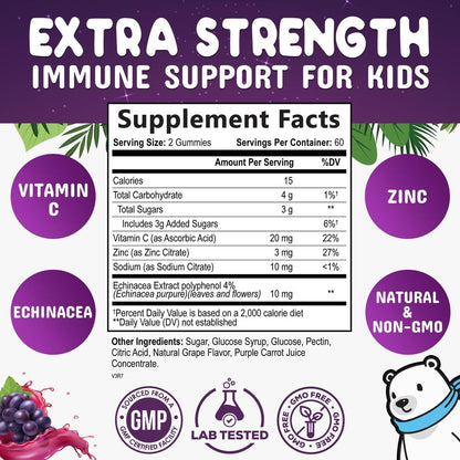 Nature's Nutrition Kinder Immunstärkung Gummibärchen - Vitamin C, Zink & Echinacea für tägliche Immununterstützung, ab 4 Jahren, glutenfrei, vegan - 120 Stück