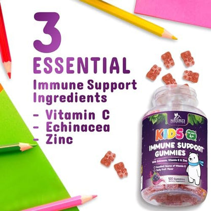 Nature's Nutrition Kinder Immunstärkung Gummibärchen - Vitamin C, Zink & Echinacea für tägliche Immununterstützung, ab 4 Jahren, glutenfrei, vegan - 120 Stück