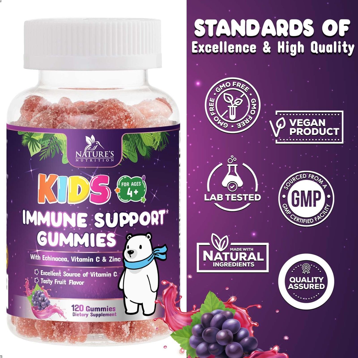 Nature's Nutrition Kinder Immunstärkung Gummibärchen - Vitamin C, Zink & Echinacea für tägliche Immununterstützung, ab 4 Jahren, glutenfrei, vegan - 120 Stück
