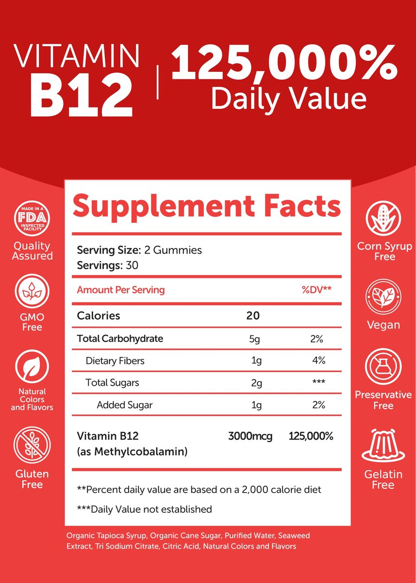 Lunakai Vitamin B12 Gummis 3000mcg – Energie, Gehirn & Stoffwechsel – Methylcobalamin für Erwachsene – Vegan & Non-GMO – 60 Gummis