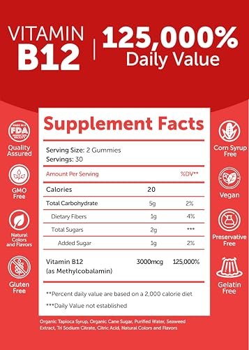 Lunakai Vitamin B12 Gummis 3000mcg – Energie, Gehirn & Stoffwechsel – Methylcobalamin für Erwachsene – Vegan & Non-GMO – 60 Gummis