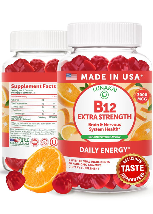 Lunakai Vitamin B12 Gummis 3000mcg – Energie, Gehirn & Stoffwechsel – Methylcobalamin für Erwachsene – Vegan & Non-GMO – 60 Gummis