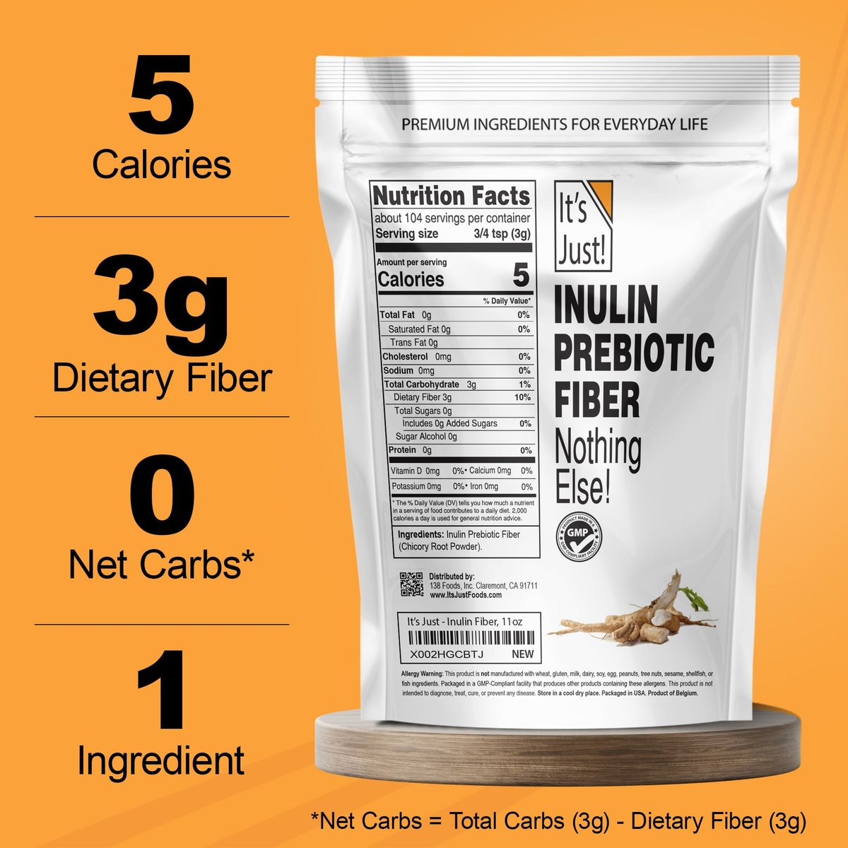 It's Just! - Inulin-Präbiotikum-Faser, wasserlöslich, Chicorée-Wurzelpulver, fördert die Darmgesundheit, hergestellt in den USA, Produkt aus Belgien, vegan/keto-freundlich - 311 g (11 Unzen)