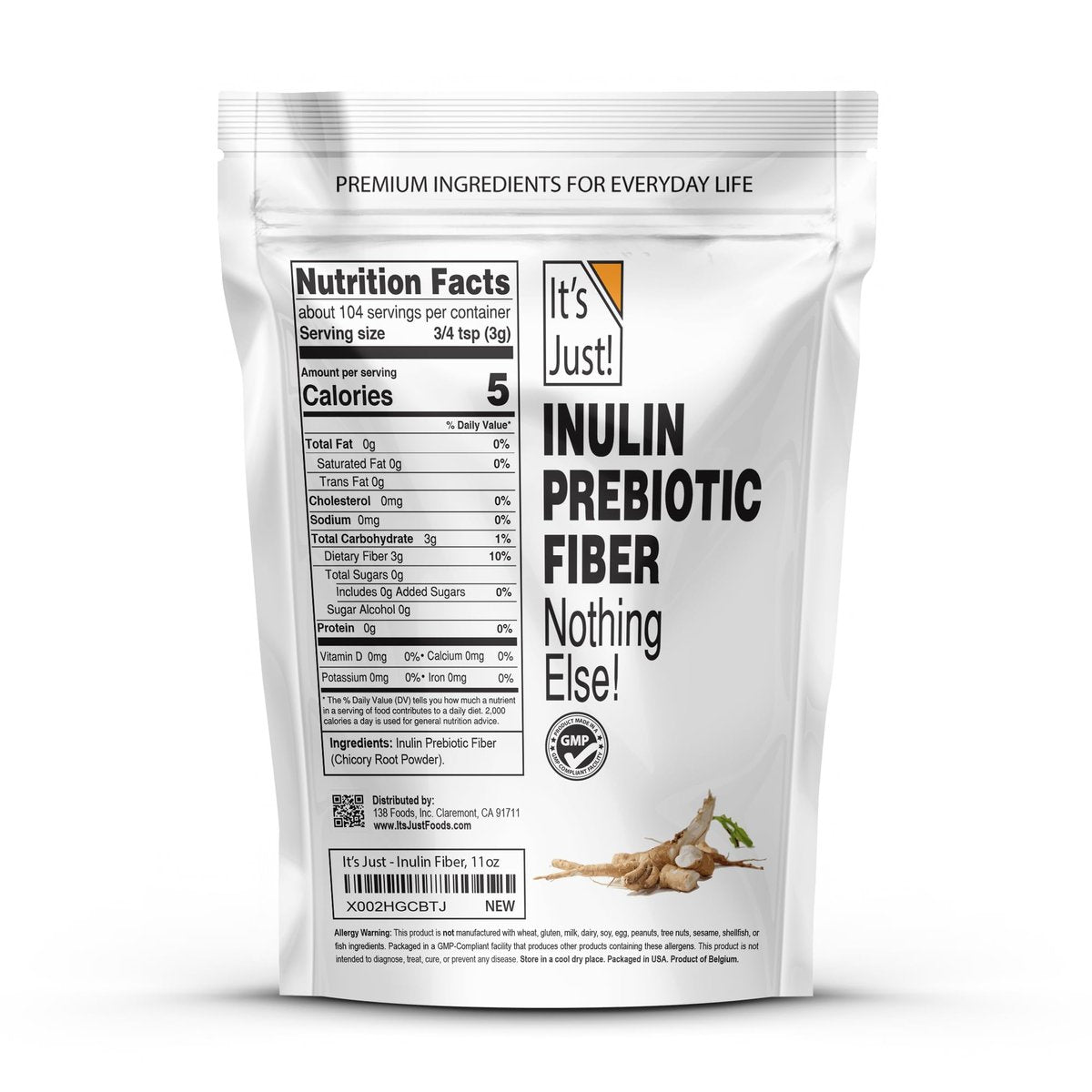 It's Just! - Inulin-Präbiotikum-Faser, wasserlöslich, Chicorée-Wurzelpulver, fördert die Darmgesundheit, hergestellt in den USA, Produkt aus Belgien, vegan/keto-freundlich - 311 g (11 Unzen)