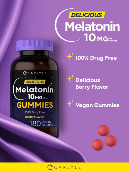 Carlyle Melatonin Gummis 10mg | 180 Stück | Schlafhilfe für Erwachsene | Beerengeschmack | Vegan, Nicht-GVO, Glutenfrei