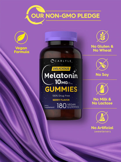 Carlyle Melatonin Gummis 10mg | 180 Stück | Schlafhilfe für Erwachsene | Beerengeschmack | Vegan, Nicht-GVO, Glutenfrei