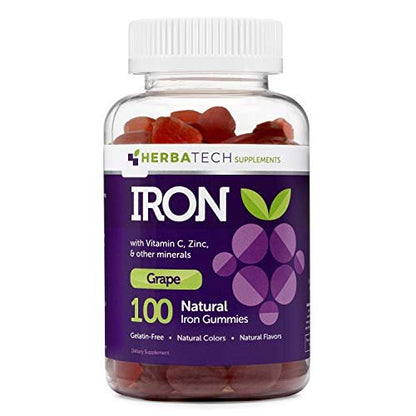 Eisen Gummibärchen für Erwachsene und Kinder, kaubares Multivitaminpräparat mit Eisen, Vitamin C, A, B, Zink, Folsäure und Biotin (Traubengeschmack) - vegan, hergestellt in den USA von HERBATECH