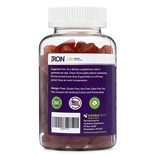 Eisen Gummibärchen für Erwachsene und Kinder, kaubares Multivitaminpräparat mit Eisen, Vitamin C, A, B, Zink, Folsäure und Biotin (Traubengeschmack) - vegan, hergestellt in den USA von HERBATECH