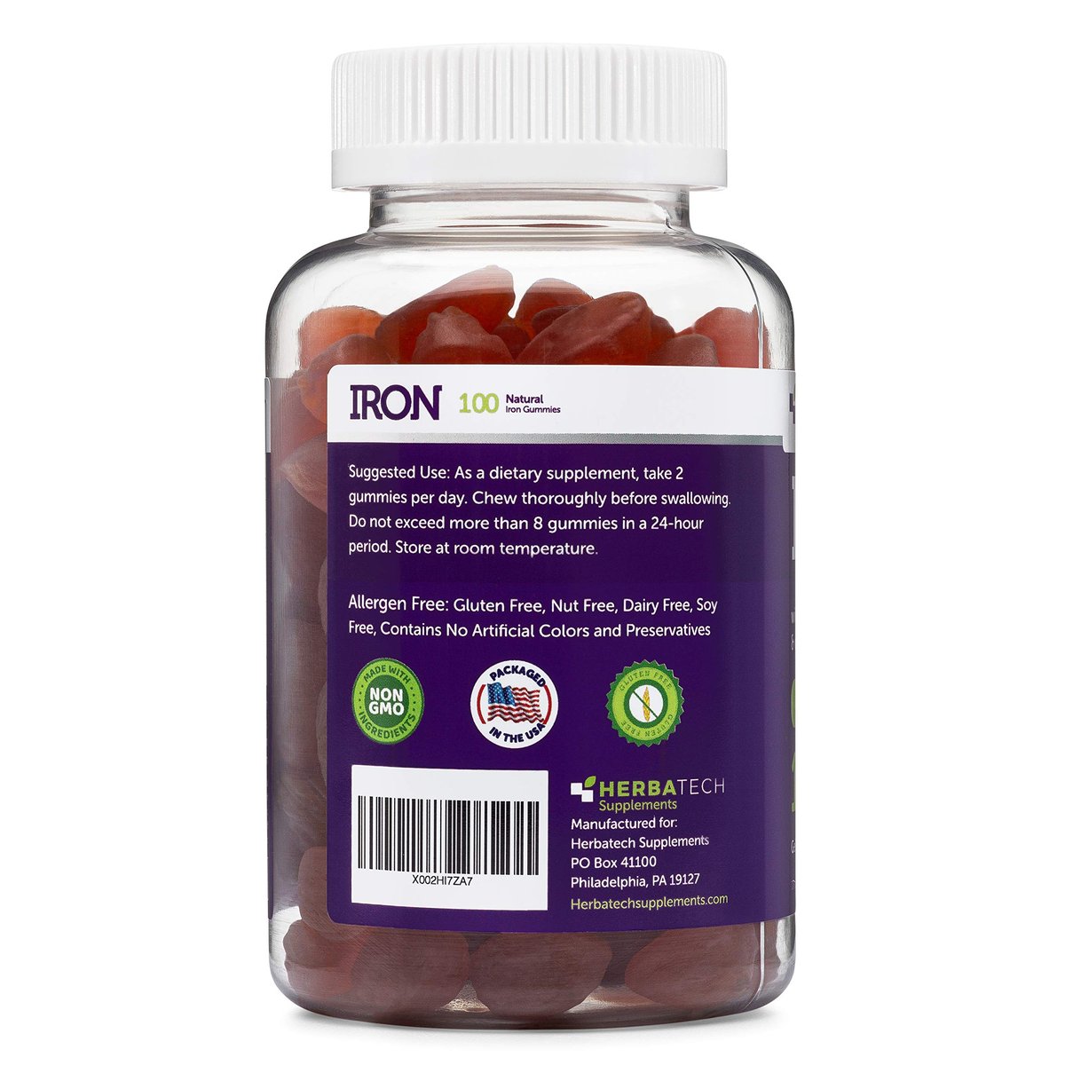 Eisen Gummibärchen für Erwachsene und Kinder, kaubares Multivitaminpräparat mit Eisen, Vitamin C, A, B, Zink, Folsäure und Biotin (Traubengeschmack) - vegan, hergestellt in den USA von HERBATECH