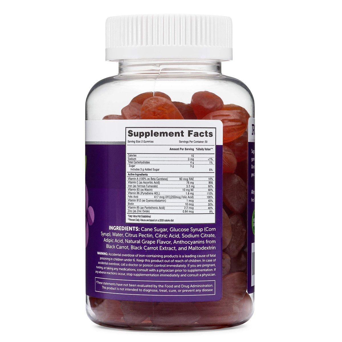 Eisen Gummibärchen für Erwachsene und Kinder, kaubares Multivitaminpräparat mit Eisen, Vitamin C, A, B, Zink, Folsäure und Biotin (Traubengeschmack) - vegan, hergestellt in den USA von HERBATECH