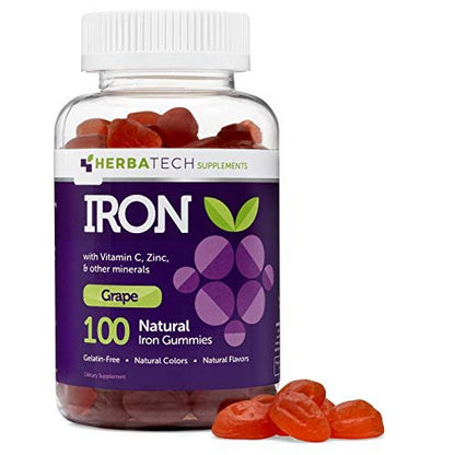Eisen Gummibärchen für Erwachsene und Kinder, kaubares Multivitaminpräparat mit Eisen, Vitamin C, A, B, Zink, Folsäure und Biotin (Traubengeschmack) - vegan, hergestellt in den USA von HERBATECH