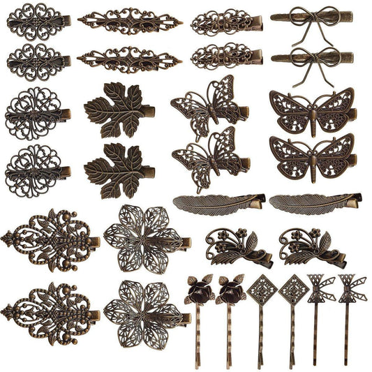 30-teiliges Set Vintage Bronze Haarklammern & Bobby Pins - Dekorative Metall Haarspangen für Frauen mit Blatt, Blume, Schmetterling - Ideal für feines und kurzes Haar