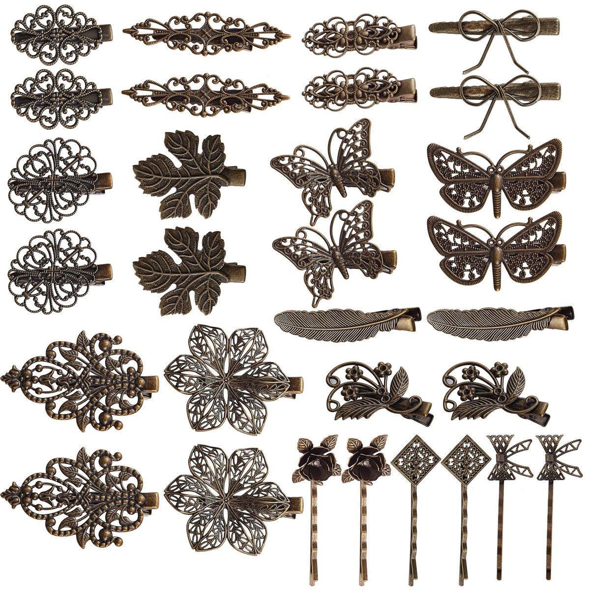 30-teiliges Set Vintage Bronze Haarklammern & Bobby Pins - Dekorative Metall Haarspangen für Frauen mit Blatt, Blume, Schmetterling - Ideal für feines und kurzes Haar