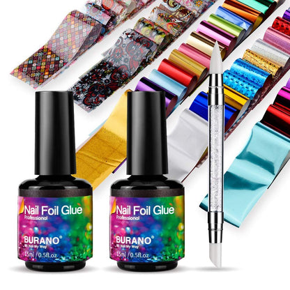 BURANO Nail Art Foil Glue Gel – 15 ml (2 Flaschen) mit 60 Folienstickern, UV-LED-Lampe erforderlich