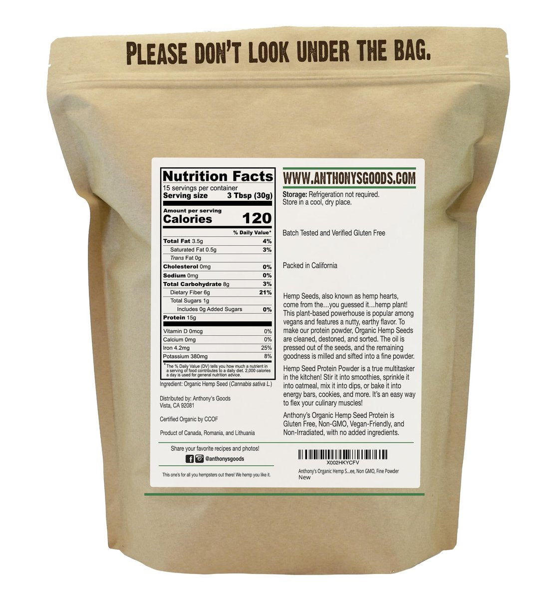 Anthony's Bio Hanfproteinpulver, 1 Pfund, kaltgepresst, glutenfrei, nicht genetisch verändert, feines Pulver