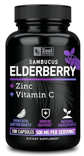 Zeal Naturals Hochdosierte Holunderbeeren Kapseln – 500 mg, 100 Kapseln | Sambucus Schwarzer Holunder, Vitamin C und Zink | 3-in-1 Immununterstützung für Erwachsene