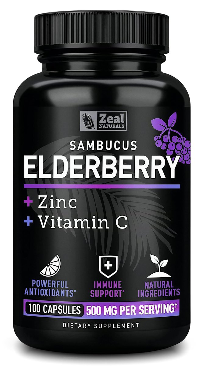 Zeal Naturals Hochdosierte Holunderbeeren Kapseln – 500 mg, 100 Kapseln | Sambucus Schwarzer Holunder, Vitamin C und Zink | 3-in-1 Immununterstützung für Erwachsene