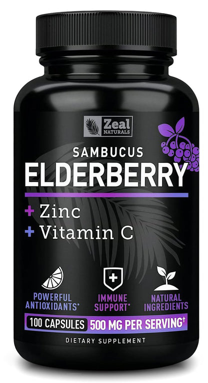 Zeal Naturals Hochdosierte Holunderbeeren Kapseln – 500 mg, 100 Kapseln | Sambucus Schwarzer Holunder, Vitamin C und Zink | 3-in-1 Immununterstützung für Erwachsene